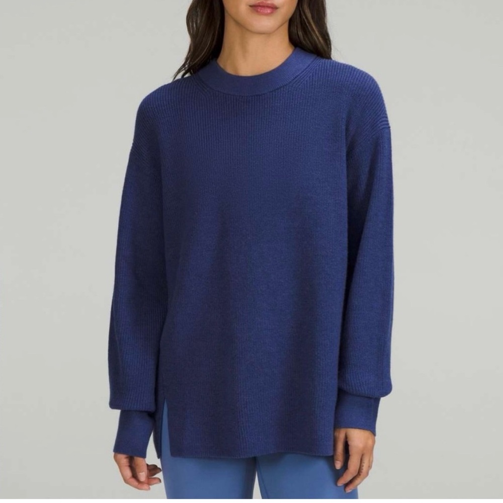 NWT Lululemon Heathered Merino Wool Blend Rib Crewneck Sweater Knit Blue 8